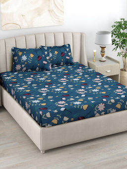 FABINALIV - Navy Blue Floral 300 TC Cotton Blend Bedsheet with 2 Pillow Covers (King)