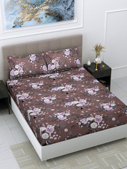 FABINALIV - Brown Floral 300 TC Cotton Blend Bedsheet with 2 Pillow Covers (King)