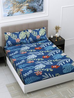 FABINALIV - Navy Blue Floral 300 TC Cotton Blend Bedsheet with 2 Pillow Covers (King)