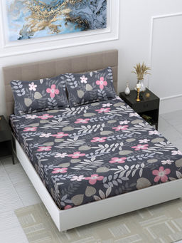 FABINALIV - Grey Floral 300 TC Cotton Blend Bedsheet with 2 Pillow Covers (King)