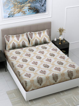 FABINALIV - White Floral 300 TC Cotton Blend Bedsheet with 2 Pillow Covers (King)