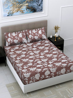 FABINALIV - Brown Floral 300 TC Cotton Blend Bedsheet with 2 Pillow Covers (King)