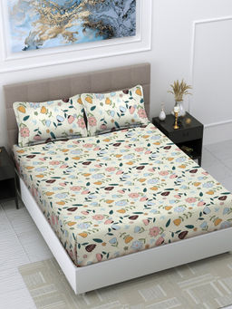FABINALIV - Yellow Floral 300 TC Cotton Blend Bedsheet with 2 Pillow Covers (King)