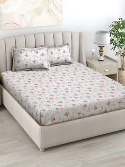 FABINALIV - White Floral 300 TC Cotton Blend Bedsheet with 2 Pillow Covers (King)