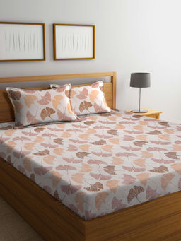 FABINALIV - Beige Floral 300 TC Cotton Blend Bedsheet with 2 Pillow Covers (King)