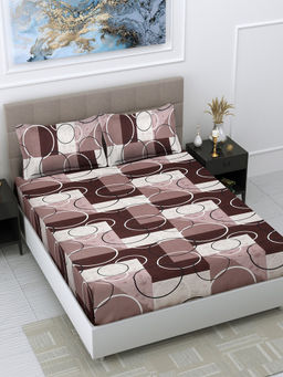 FABINALIV - Brown Geometric 300 TC Cotton Blend Bedsheet with 2 Pillow Covers (King)