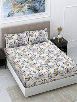 FABINALIV - White Geometric 300 TC Cotton Blend Bedsheet with 2 Pillow Covers (King)
