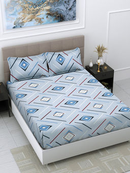 FABINALIV - Blue Geometric 300 TC Cotton Blend Bedsheet with 2 Pillow Covers (King)