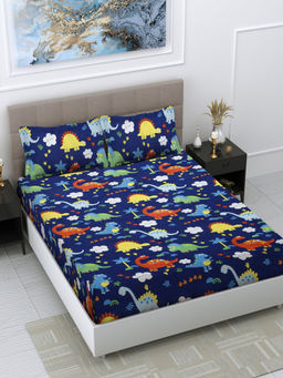 FABINALIV - Navy Blue Cartoon Print 300 TC Cotton Blend Bedsheet with 2 Pillow Covers (King)