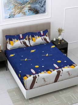 FABINALIV - Navy Blue Cartoon Print 300 TC Cotton Blend Bedsheet with 2 Pillow Covers (King)
