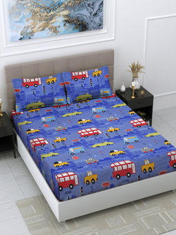 FABINALIV - Blue Cartoon Print 300 TC Cotton Blend Bedsheet with 2 Pillow Covers (King)