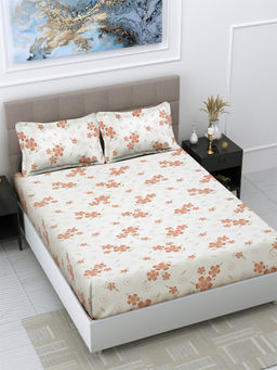 FABINALIV - White Floral 300 TC Cotton Blend Bedsheet with 2 Pillow Covers (King)