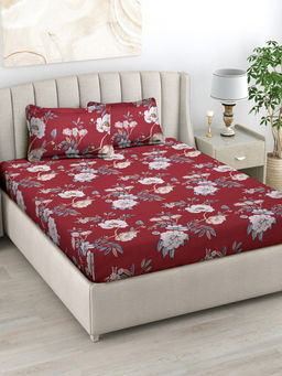 FABINALIV - Maroon Floral 300 TC Cotton Blend Bedsheet with 2 Pillow Covers (King)