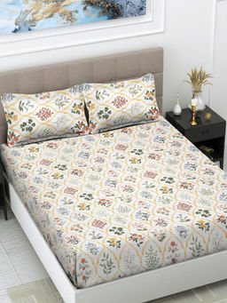 FABINALIV - White Floral 300 TC Cotton Blend Bedsheet with 2 Pillow Covers (King)