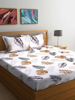 FABINALIV - White Floral 300 TC Cotton Blend Bedsheet with 2 Pillow Covers (King)