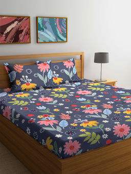 FABINALIV - Grey Floral 300 TC Cotton Blend Bedsheet with 2 Pillow Covers (King)