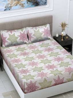 FABINALIV - Beige Geometric 300 TC Cotton Blend Bedsheet with 2 Pillow Covers (King)