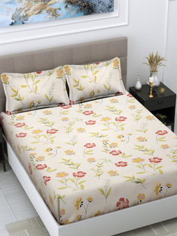 FABINALIV - Beige Floral 300 TC Cotton Blend Bedsheet with 2 Pillow Covers (King)