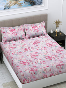 FABINALIV - Pink Floral 300 TC Cotton Blend Bedsheet with 2 Pillow Covers (King)