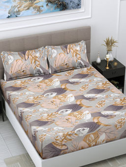 FABINALIV - Beige Floral 300 TC Cotton Blend Bedsheet with 2 Pillow Covers (King)