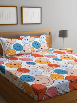 FABINALIV - White Cartoon Print 300 TC Cotton Blend Bedsheet with 2 Pillow Covers (King)