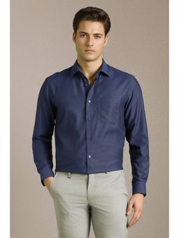 Louis Philippe - Men Navy Blue Textured Full Sleeves Formal Shirt