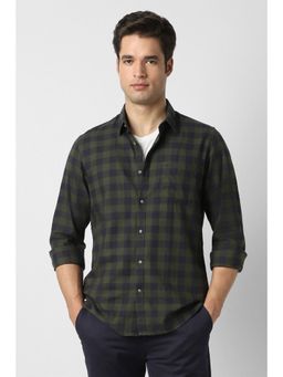 Peter England - Men Olive Slim Fit Check Full Sleeves Casual Shirt