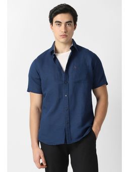 Van Heusen - Men Navy Blue Solid Half Sleeves Casual Shirt