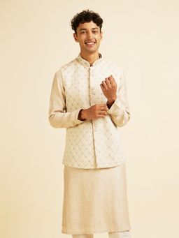 Manyavar - Beige Buta Jaal Embroidered Nehru Jacket for Men