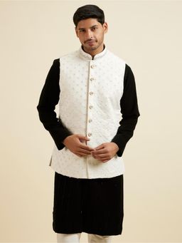 Manyavar - Elegant White Nehru Jacket with Hand Embroidery and Cutdana Work for Men