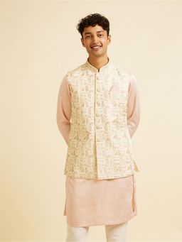 Manyavar - Cream Satin Embroidery Thread Work Sequin Work Jacket for Men
