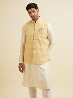 Manyavar - Vibrant Yellow Nehru Jacket with All-Over Print and Embroidery for Men