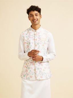 Manyavar - Warm White Bel Buti Print Nehru Jacket for Men
