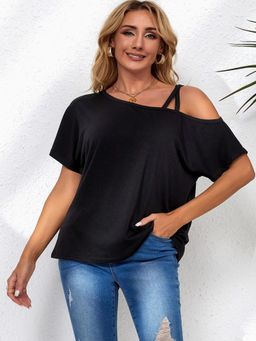 PARTIQ - Black Asymmetric Criss Cross One Shoulder Top
