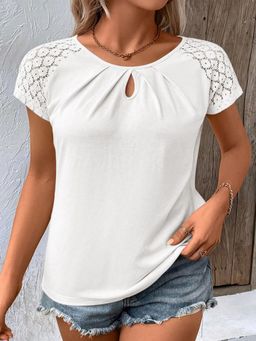 PARTIQ - White Contrast Lace Sleeve Keyhole Decor Top