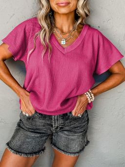 PARTIQ - Bright Pink Crinkled V-Neck Wide Sleeve T-Shirt