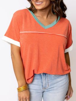 PARTIQ - Grapefruit Orange Contrast Trim Exposed Seam V-Neck T-Shirt