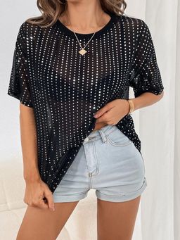 PARTIQ - Black Sequin Drop Shoulder Sheer T-shirt