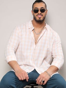 Instafab Plus - Mens White & Peach Buffalo Check Shirt