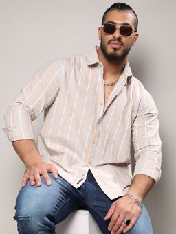 Instafab Plus - Mens Beige Striped Cotton Shirt