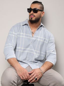 Instafab Plus - Mens Light Grey Contrast Tartan Plaid Shirt