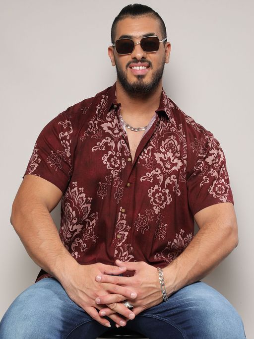 Instafab Plus Mens Maroon Ethnic Motif Shirt
