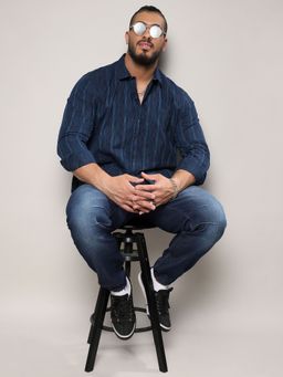 Instafab Plus - Mens Navy Blue Ombre Striped Shirt