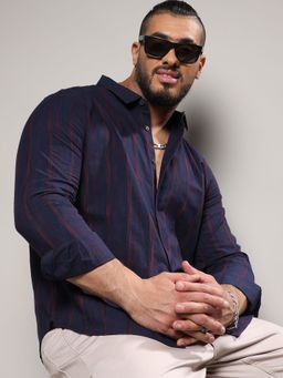 Instafab Plus - Mens Navy Blue Ombre Striped Shirt