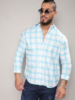 Instafab Plus - Mens White & Light Blue Tartan Plaid Shirt