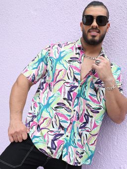 Instafab Plus - Mens Pink & Green Abstract Foliage Shirt