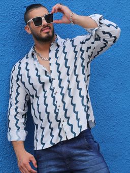 Instafab Plus - Mens White & Navy Blue Contrast Paint Lines Shirt