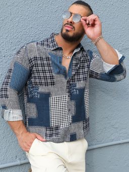 Instafab Plus - Mens Navy Blue Herringbone Block Shirt