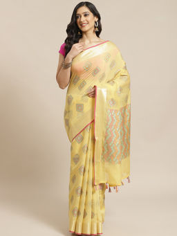 Indethnic - Banarasi Yellow Woven Design Work Wear Saree With Unstitched Blouse