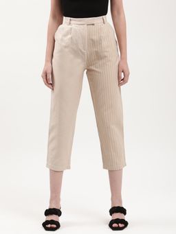 ELLE - Women Beige Linen Stripes Trouser